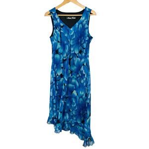 Vintage Meghan Mathews Floral Midi Dress Ruffle Trim Sleeveless Blue Casual - 12